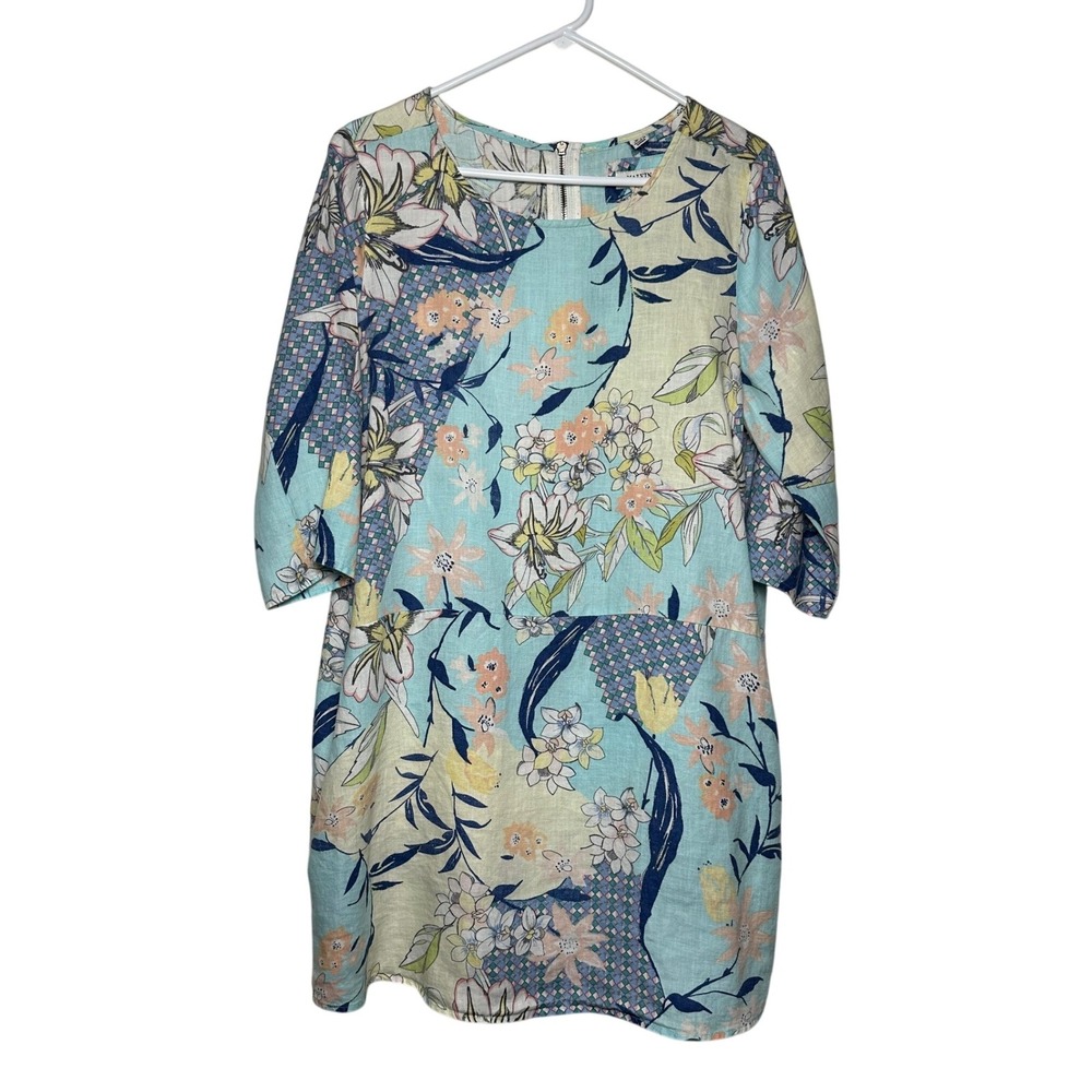 Malvin Hamburg Germany Women's Blue Floral 100% Linen Shift Dress US 12
